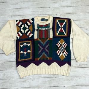 Vintage 90s boho Etchings jewel toned mixed print cotton blend sweater, large